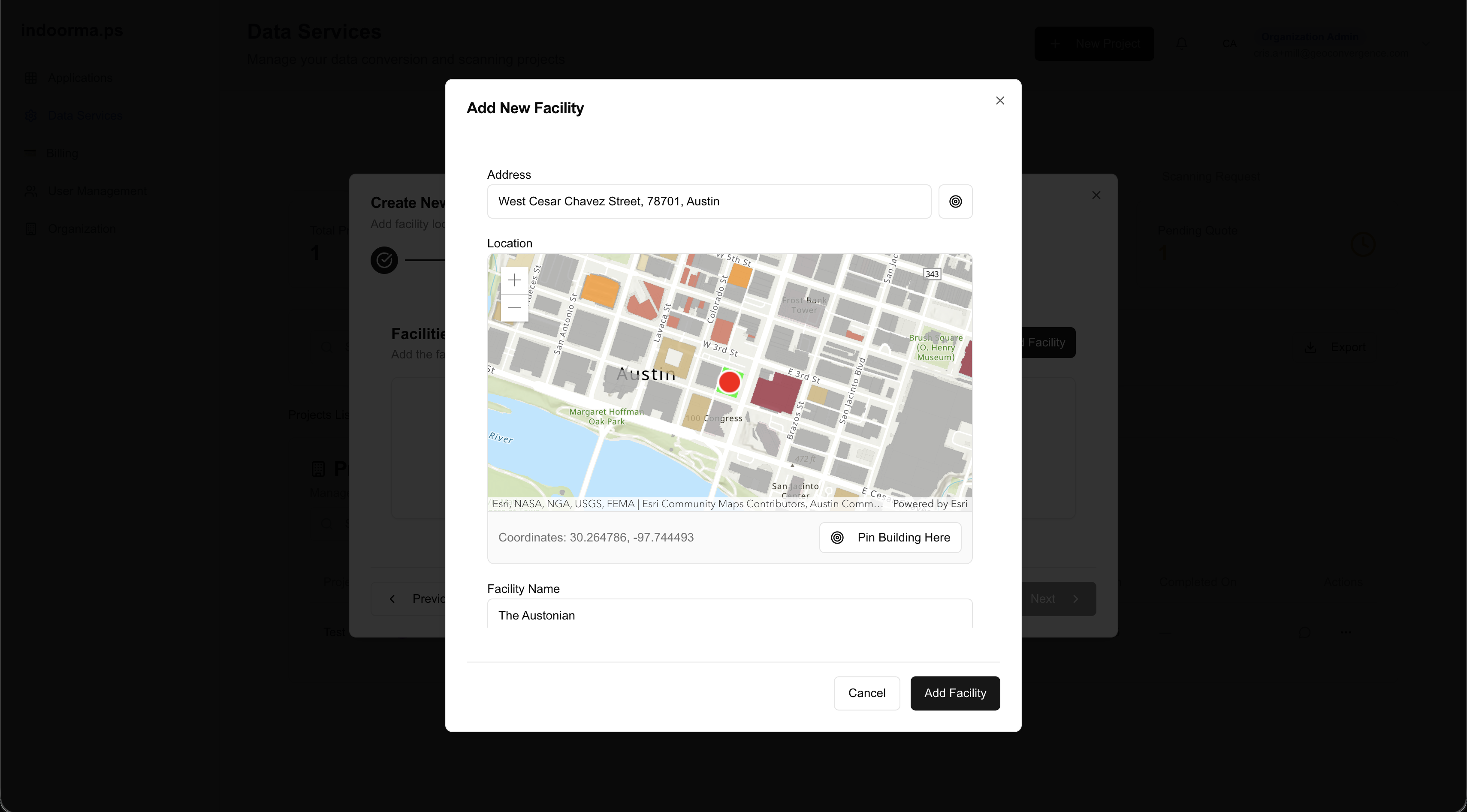 FacilitEase: Adding a facility by pinning the building on an Esri basemap