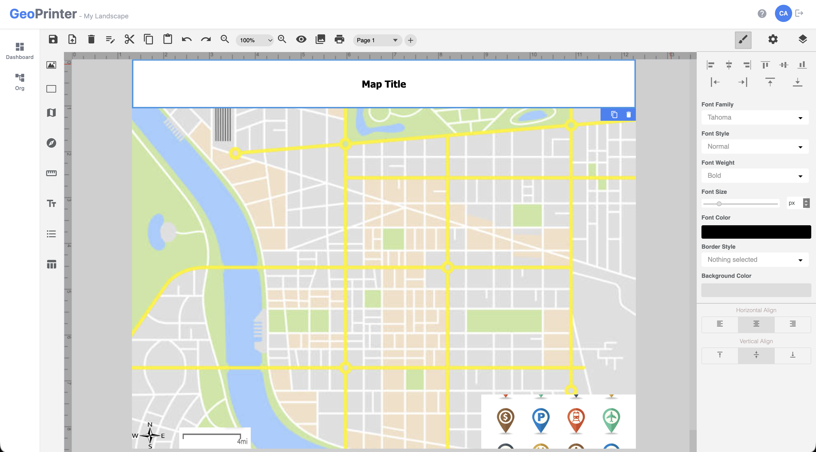 GeoPrinter: Template builder with a map, title, legend, scale bar and north arrow on the page