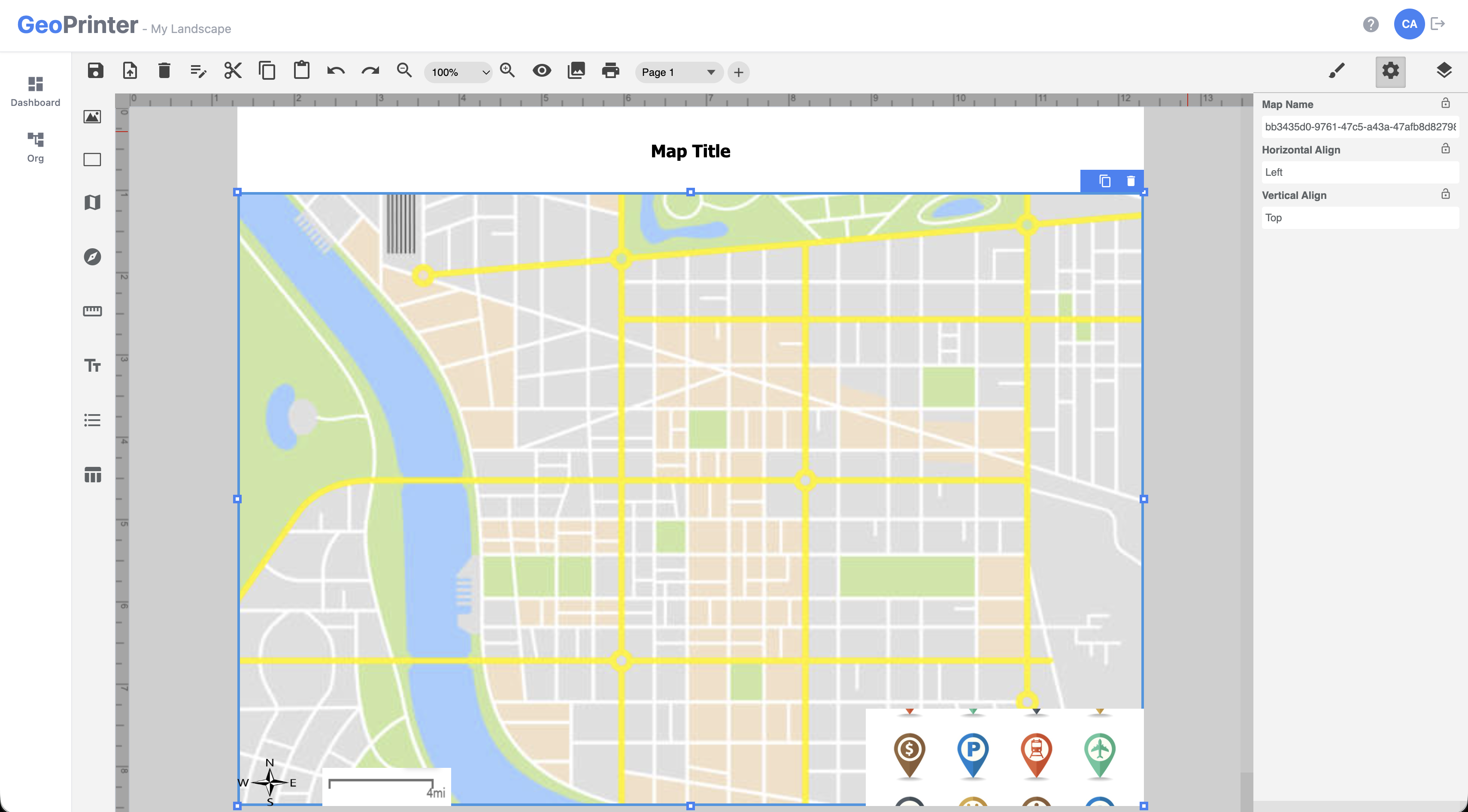 GeoPrinter: Map element selected with its alignment settings
