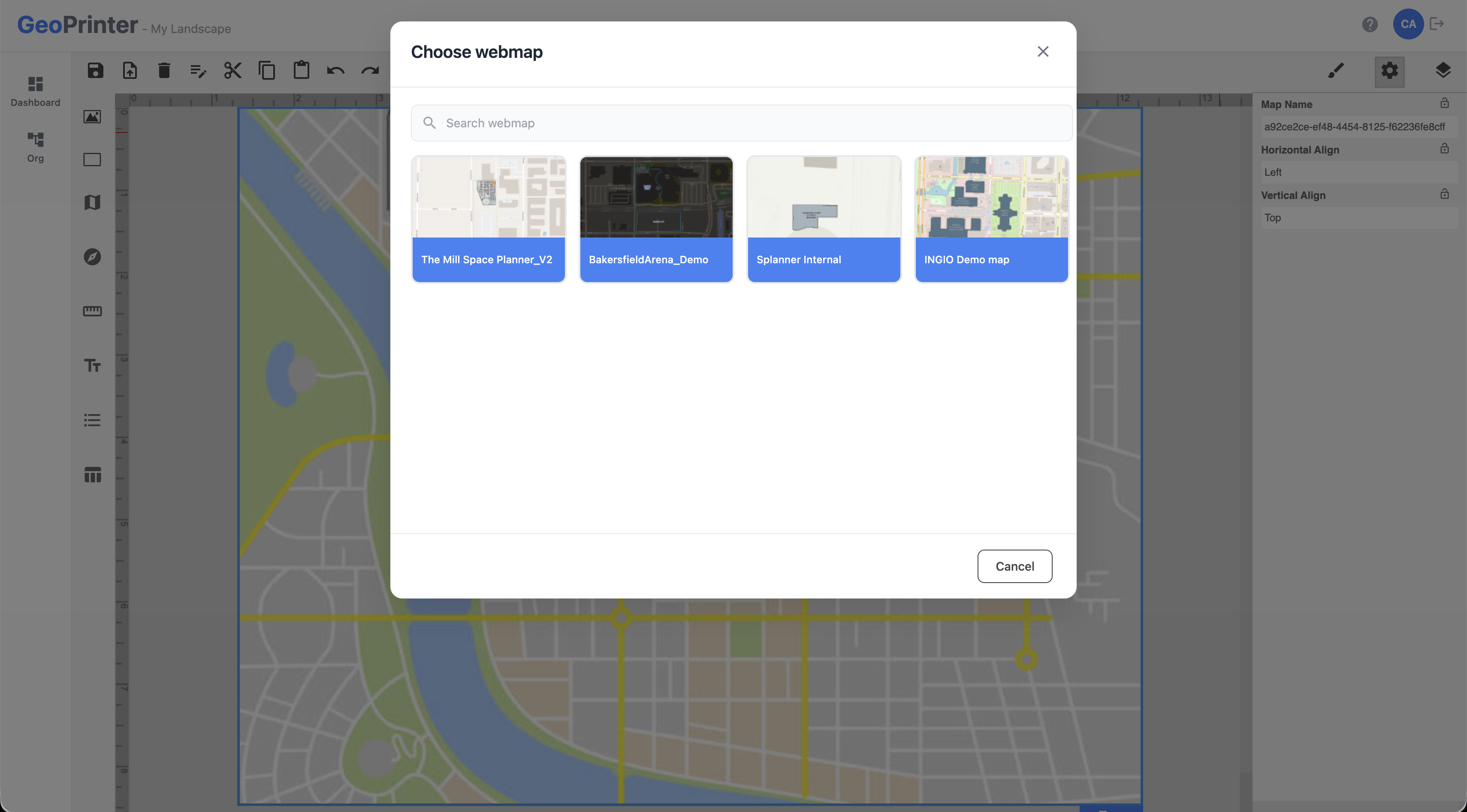 GeoPrinter: Choosing an ArcGIS web map from the portal