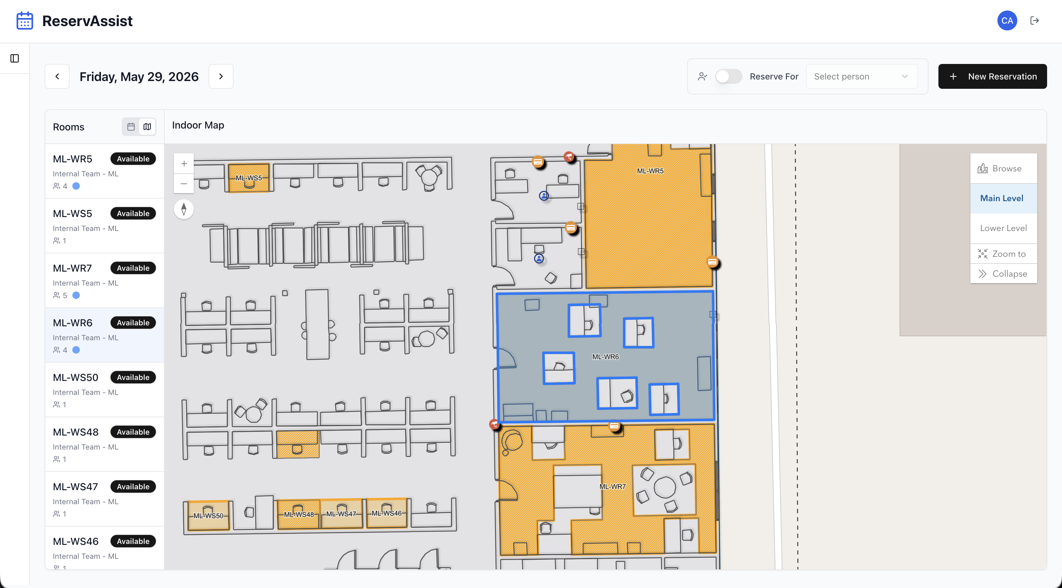 ReservAssist: Indoor map view with reservable rooms listed beside the ArcGIS floor plan