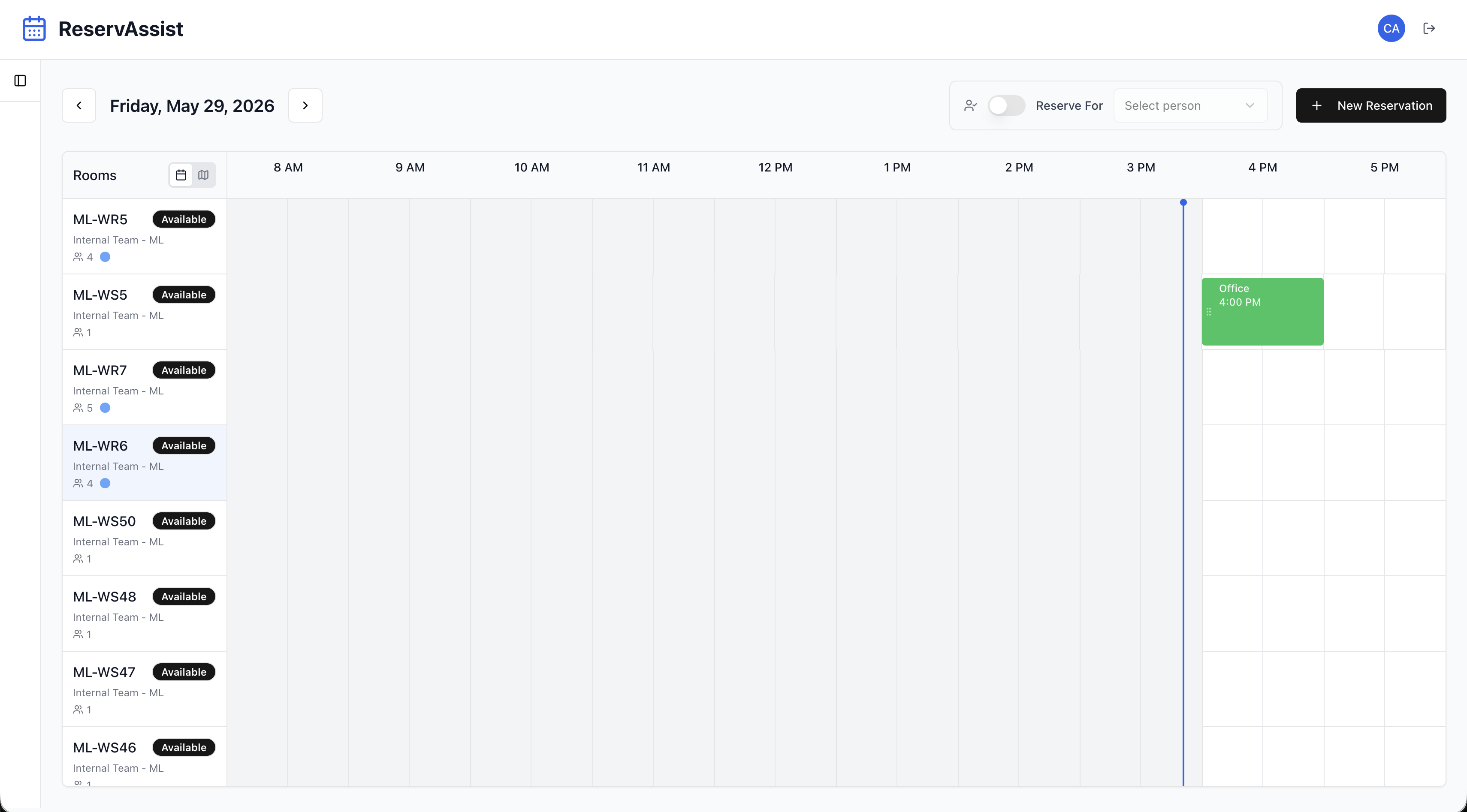 ReservAssist: Calendar view with a time grid and live room availability