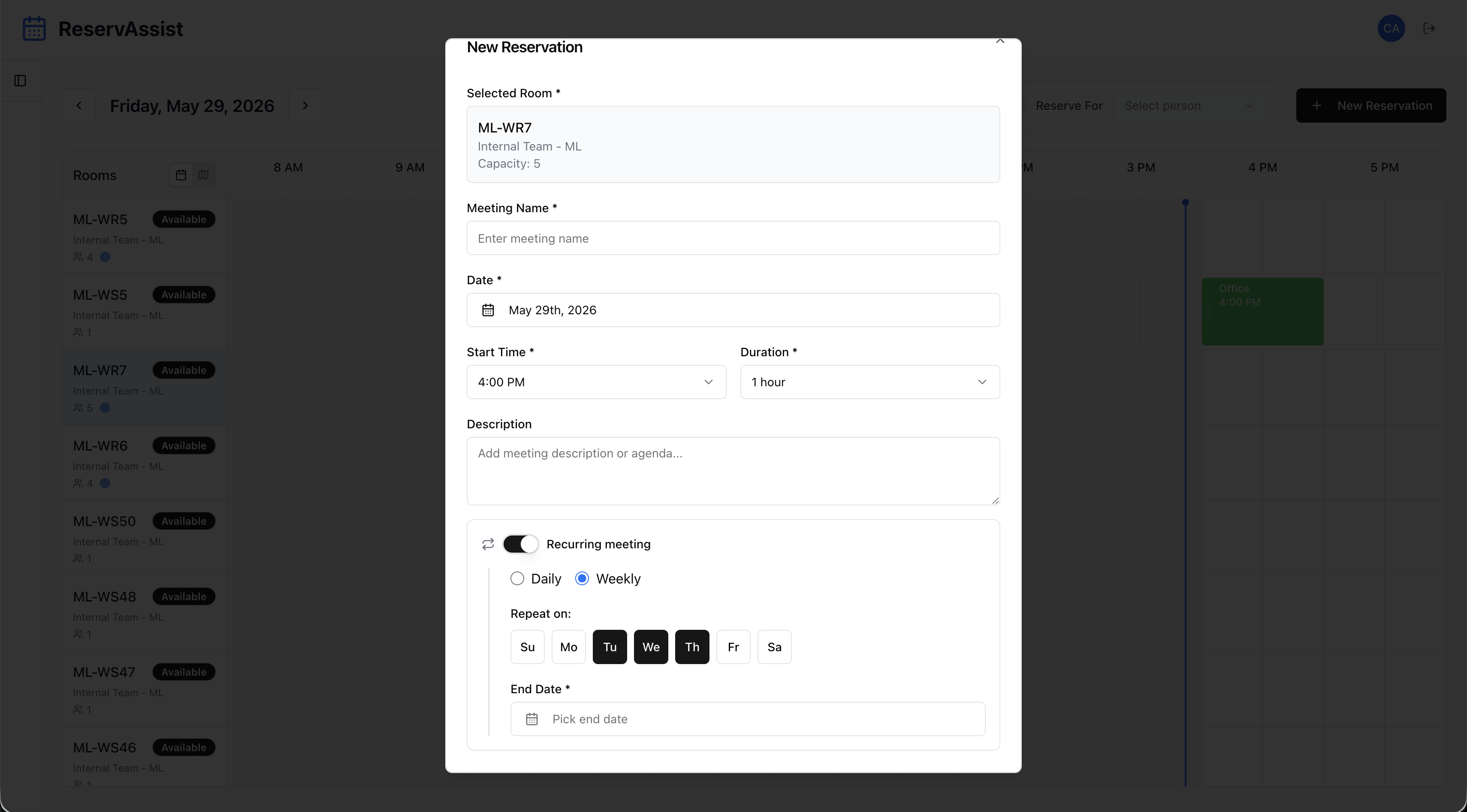 ReservAssist: Recurring meetings with weekly repeat days and an end date