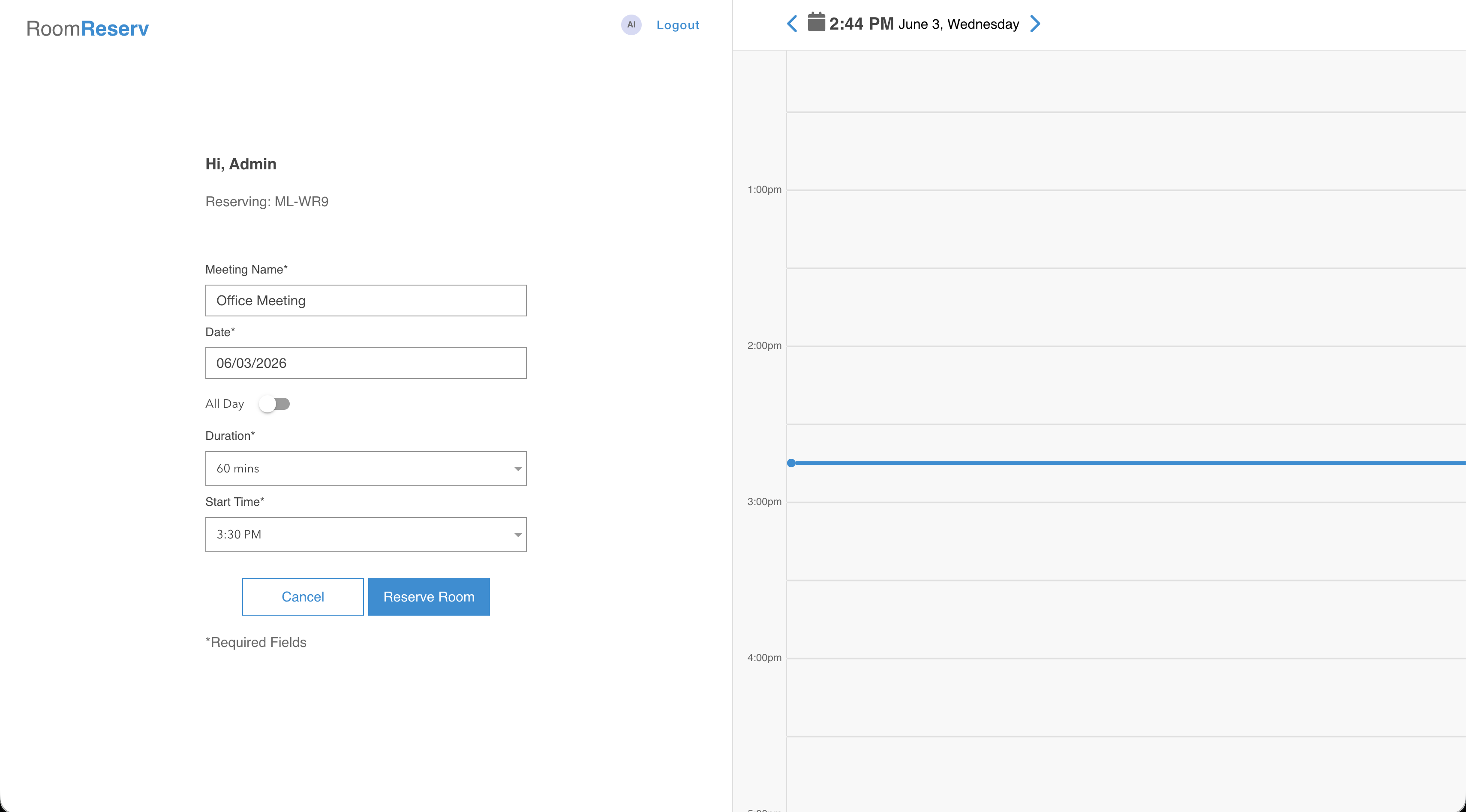 RoomReserv: Completed reservation form ready to submit