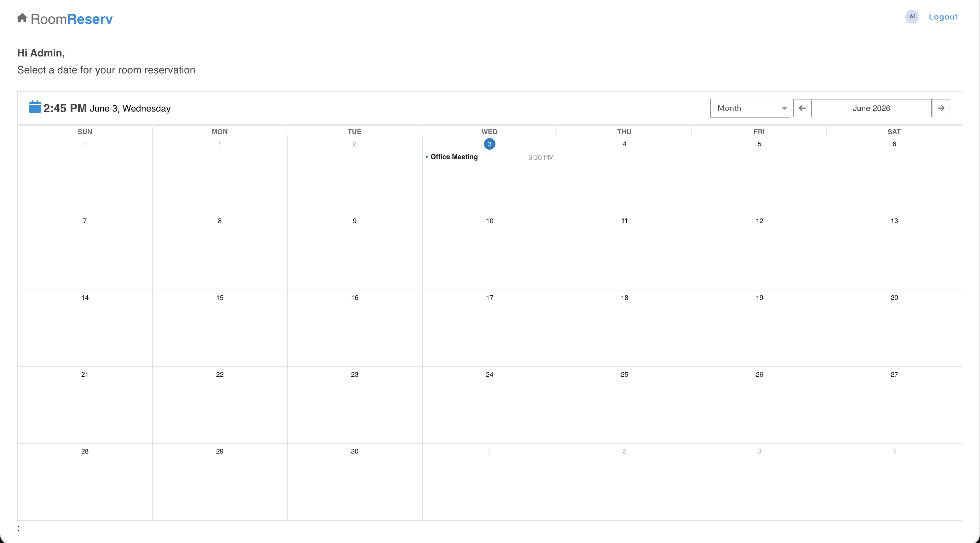 RoomReserv: Monthly calendar for choosing a date