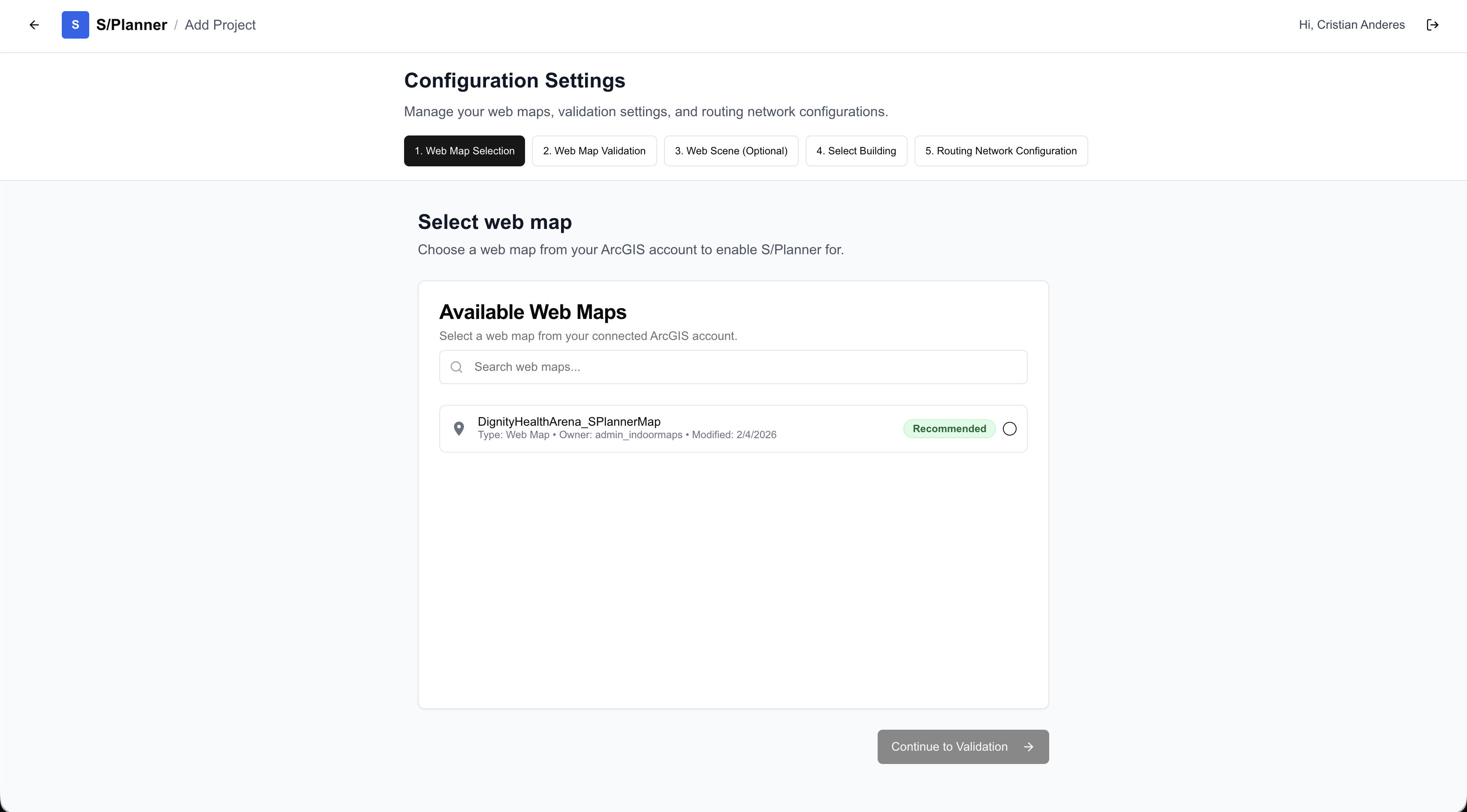 S/Planner: Project setup: selecting the ArcGIS web map