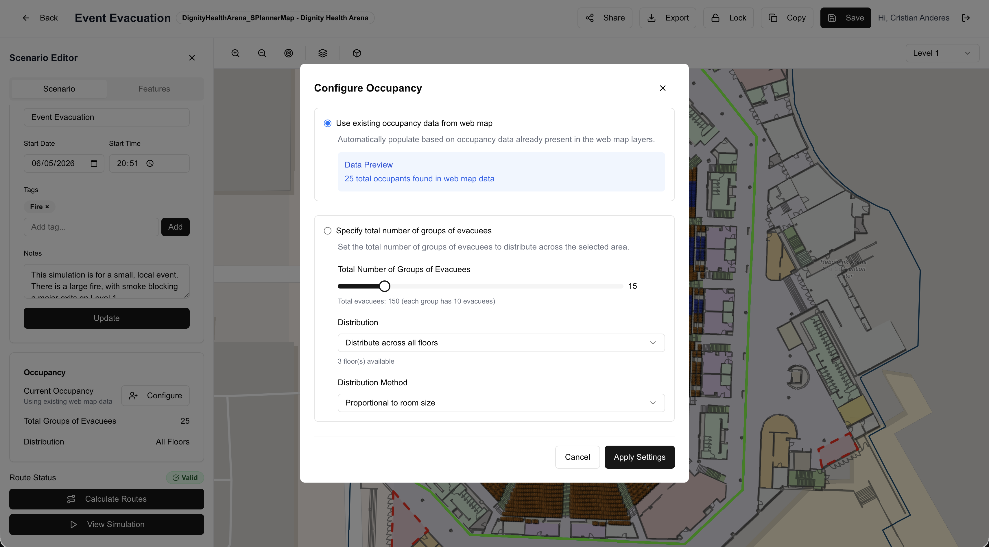 S/Planner: Configuring occupancy from web map data or a chosen number of evacuee groups