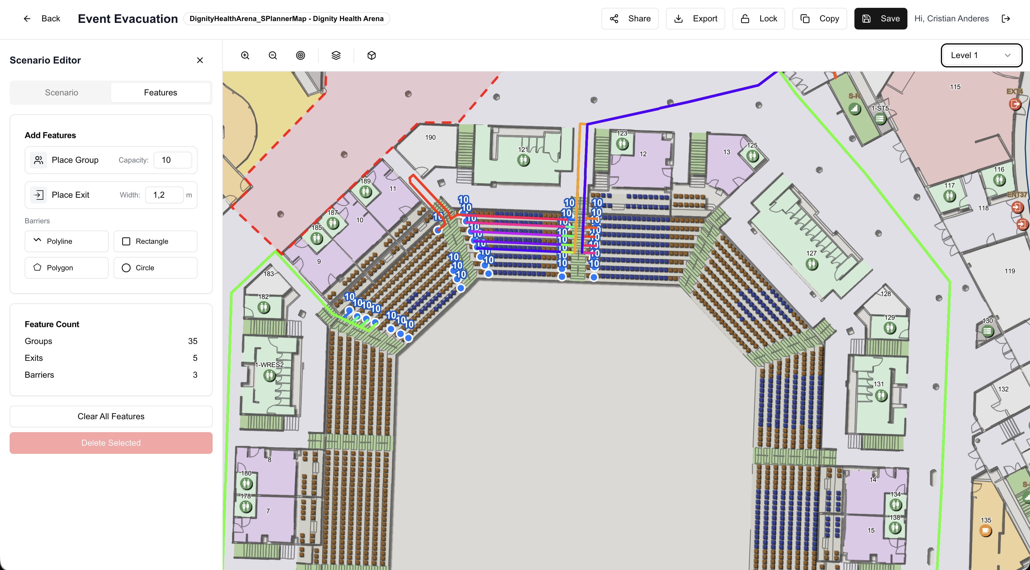 S/Planner: Placing evacuee groups, exits and barriers on the map