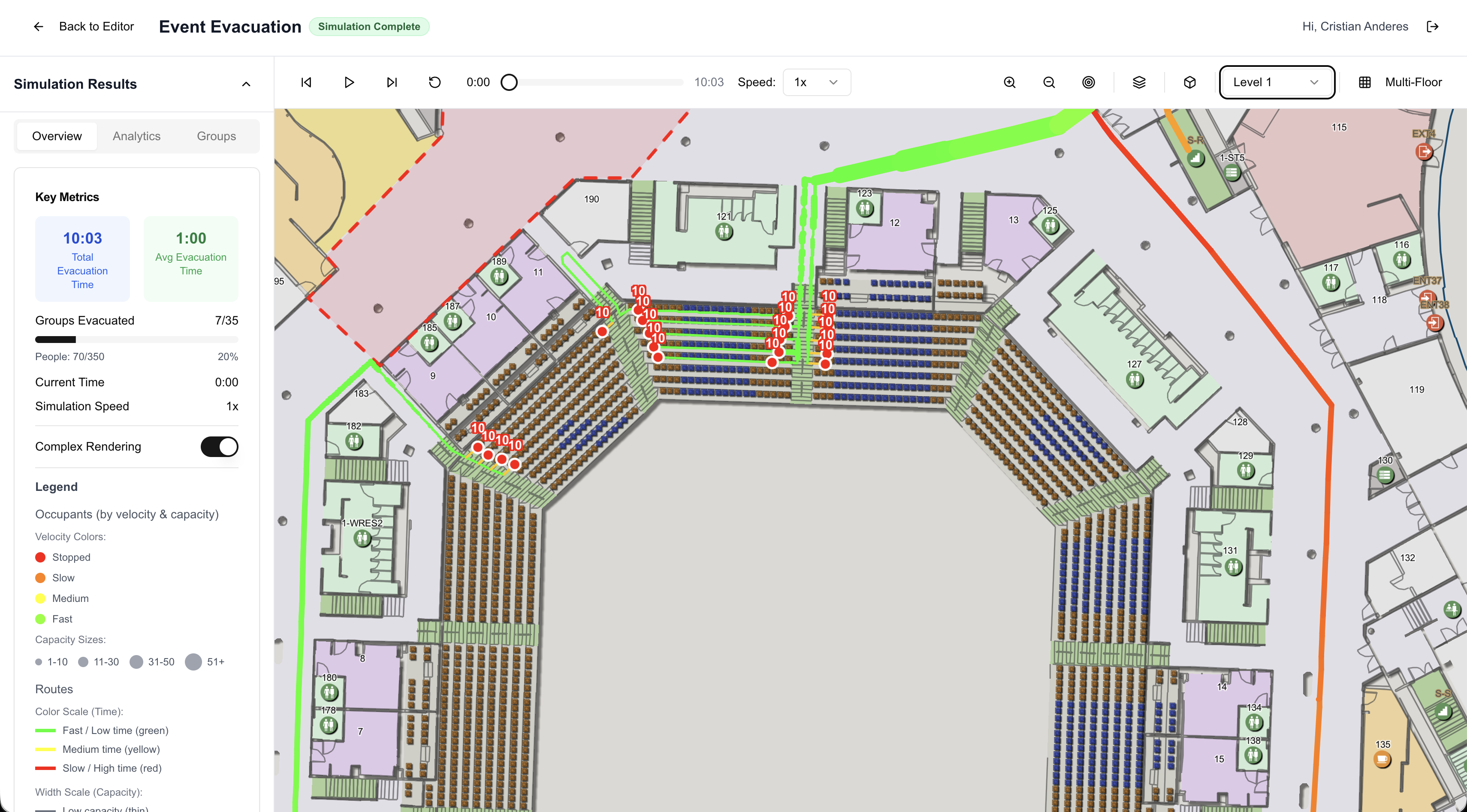 S/Planner: Simulation results overview with key metrics, legend and playback controls