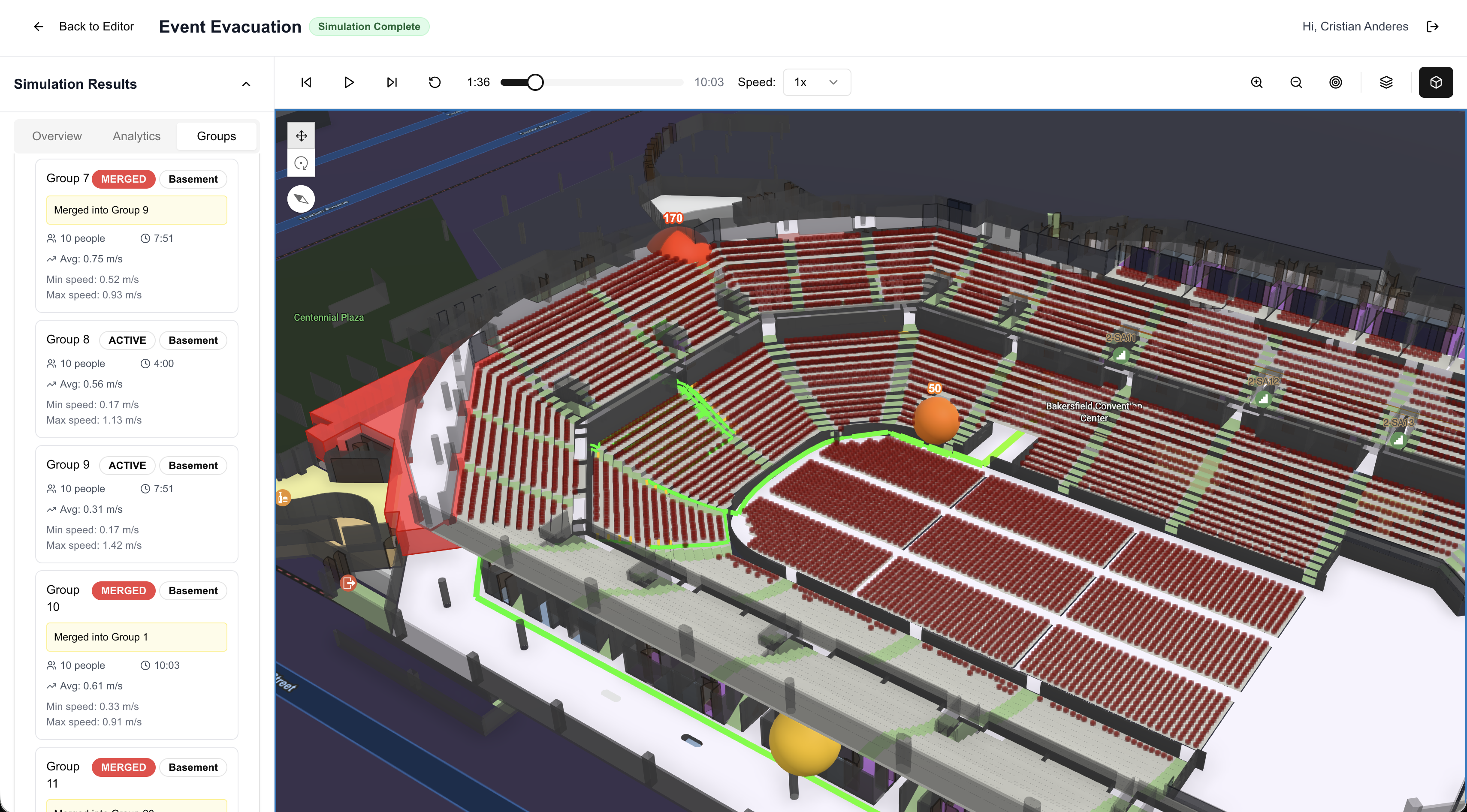 S/Planner: 3D view of the arena with the evacuation in progress
