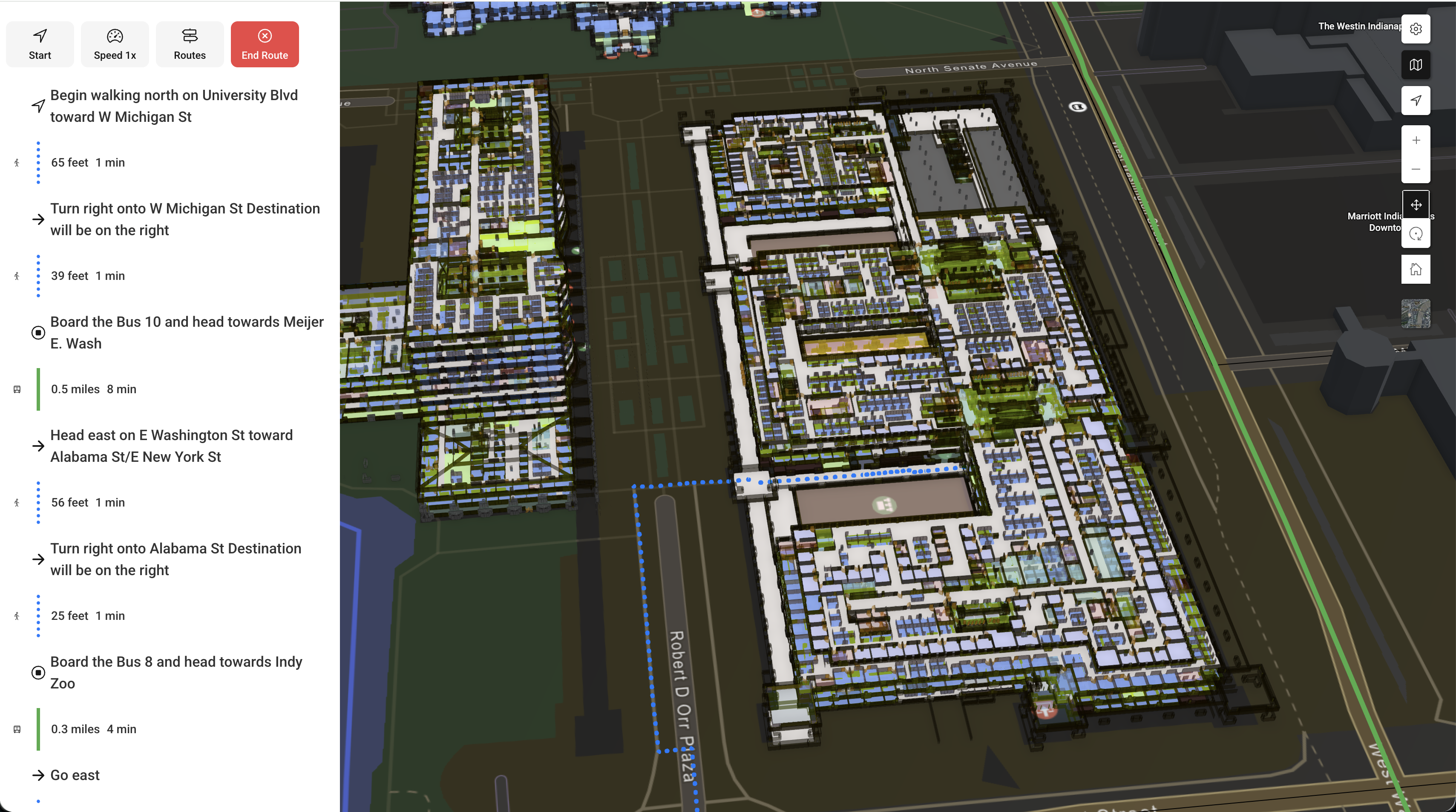 Wayfinder: 3D scene view of the building interior with the walking route