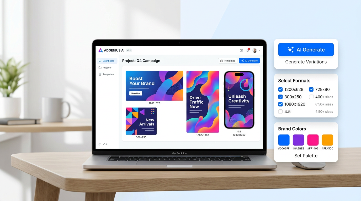 PixandFlow AI banner generator dashboard mockup showing multiple ad sizes